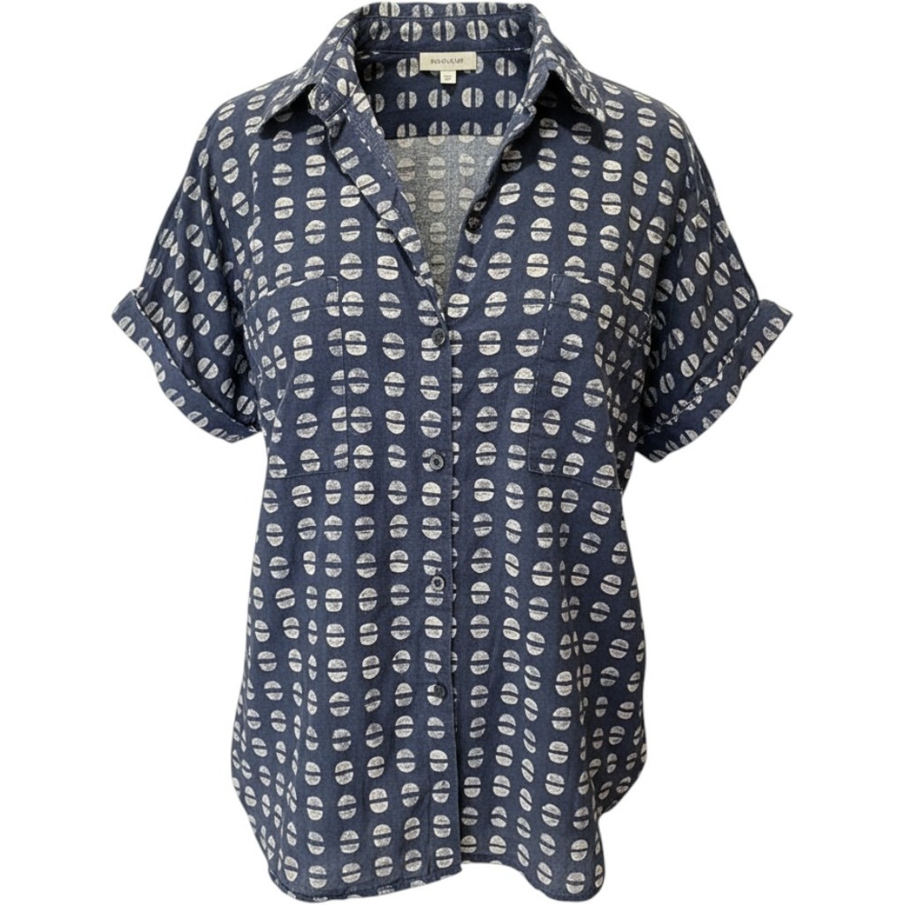 Orvis Womens Navy Blue White Geometric Print Cotton Button Down Shirt Large
